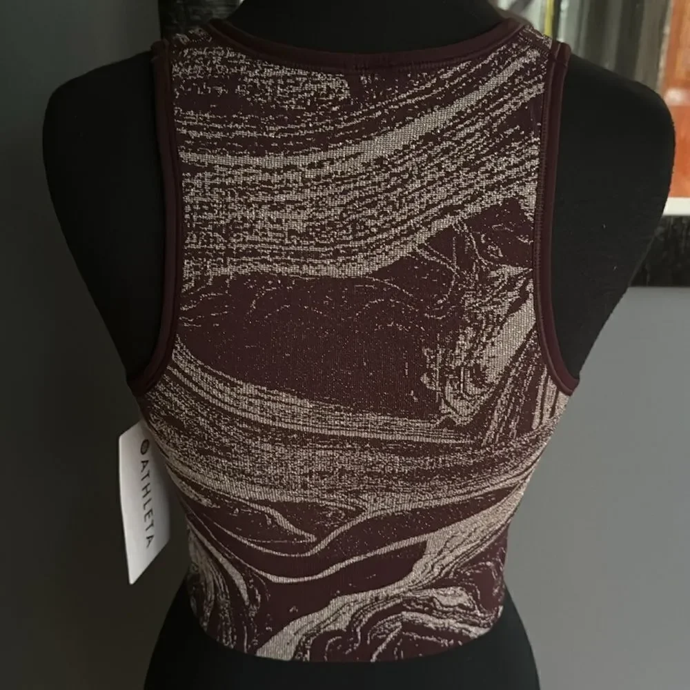 Athleta Aurora Seamless Shine Crop Rib Tank V Neck Bra Sparkle Spiced Cabernet S